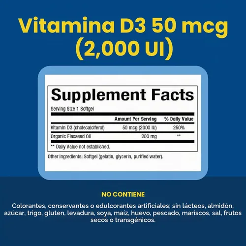 Vista 4 de Natural Factors, Vitamina D3 2000 UI (50 mcg), apoya huesos fuertes, músculos y función inmunológica, 120 cápsulas blandas