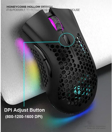 Vista 5 de Mouse ligero para juegos, mouse inalámbrico recargable para juegos con receptor USB, retroiluminación RGB, mouse de computadora para computadora