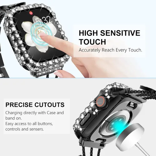 Vista 5 de Wingle 2 en 1 Funda impermeable para Apple Watch 40mm Protector de pantalla SE 3/2/1 Series 6 5 4, Bling Lace Edge Diamond Cara Cubierta Completa