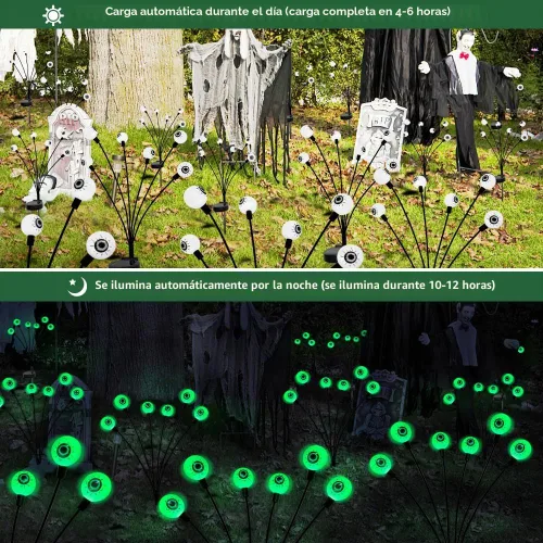 Vista 6 de BeHiller Decoraciones de Halloween para exteriores, luces solares de ojos aterradoras, 2 paquetes de 12 luces LED de globo ocular verde, luces