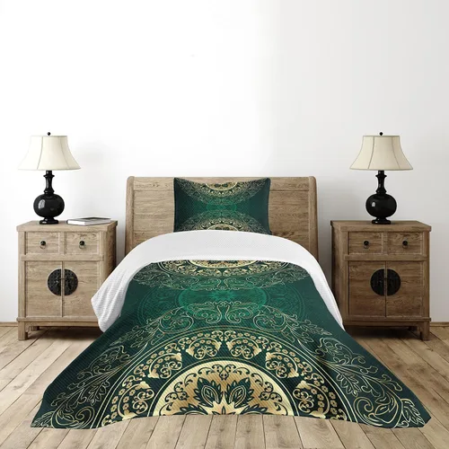 Vista 2 de Lunarable Colcha verde cazador, estilo mandala oriental retro, patrón de remolinos antiguos, diseño de remolinos florales, decorativo, acolchado