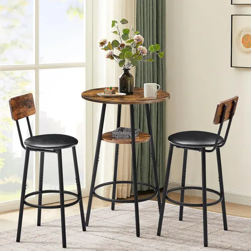 Vista 9 de Juego de mesa de bar y sillas de 3 piezas, mesa de comedor redonda pequeña para 2 personas con respaldo, altura de encimera, juego de mesa de cocina