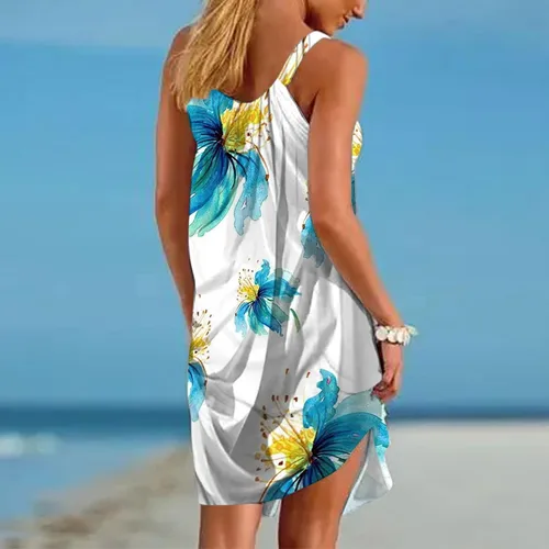 Vista 2 de Oiumov Vestidos de verano para mujer, estilo casual, tirantes delgados, bohemio, floral, talla grande, sin mangas, para la playa