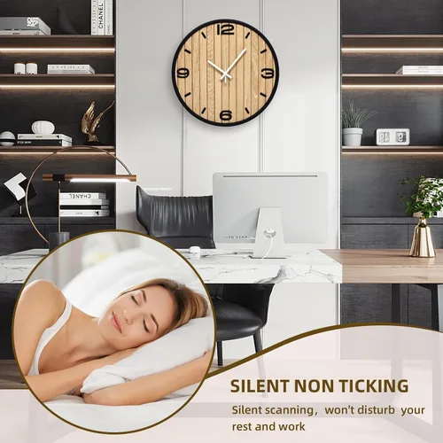 Vista 7 de Reloj de pared redondo de 10 pulgadas, funciona con pilas, de madera, de cuarzo, silencioso, decorativo, analógico, para apartamento, sala de estar
