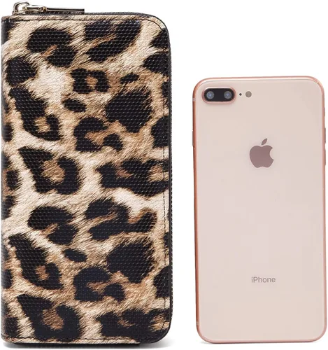 Vista 2 de Nabegum Cartera de leopardo para mujer con estampado de guepardo doble cremallera gran capacidad para tarjetas de crédito marrón