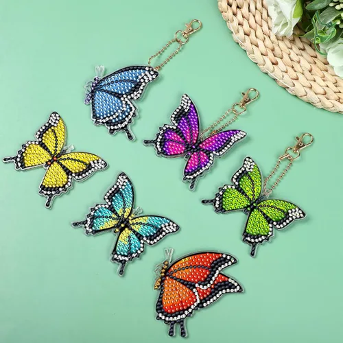 Vista 4 de Juego de 10 llaveros de pintura de diamante de mariposa de doble cara, llaveros artísticos de diamantes 5D para colgar adornos de diamantes