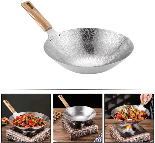 Vista 6 de Luxshiny Wok de acero inoxidable de 13.38 pulgadas con mango de madera, sartén de cocina para el hogar para freír vapor y olla caliente utensilios