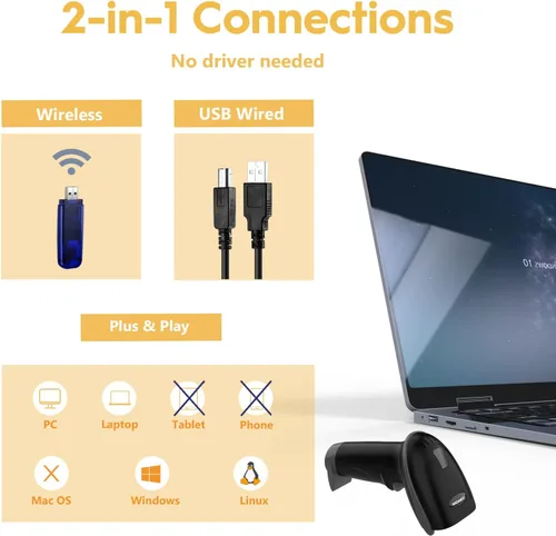 Vista 2 de NADAMOO Escáner de Código de Barras Inalámbrico 328 Pies Distancia de Transmisión USB Inalámbrico 1D Láser Lector Automático de Código de Barras