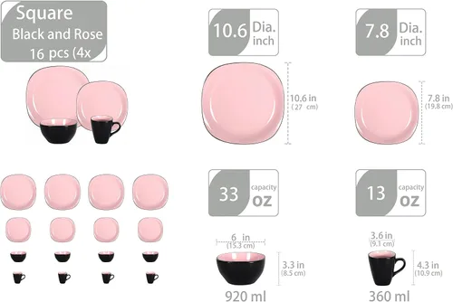 Vista 2 de juego de vajilla de cerámica de 16 piezas en forma cuadrada, interior rosa brillante + exterior negro mate