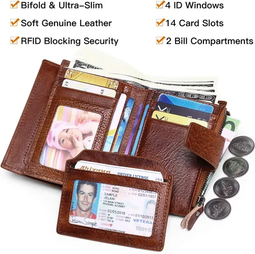 Vista 3 de FALAN MULE Billetera de cuero genuino suave con bloqueo RFID, plegable, elegante, con cremallera, bolsillo para monedas, con 4 ventanas