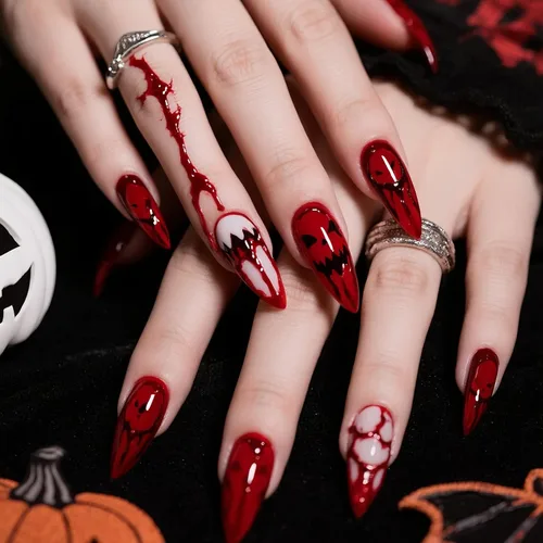 Vista 26 de Paquete de 6 144 uñas acrílicas de Halloween a presión, uñas postizas reutilizables de cobertura completa, uñas postizas adhesivas con pegamento