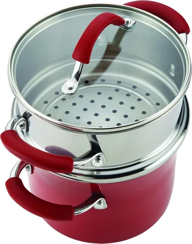 Vista 5 de Rachael Ray juego de ollas esmaltadas cubiertas de antiadherente con vaporera, Rojo arándano