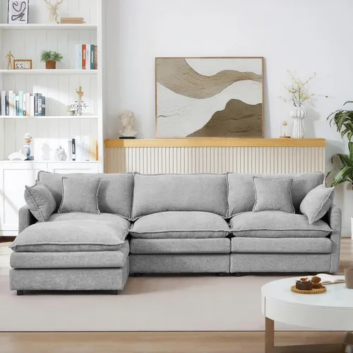 Vista 10 de Sofá modular beige en forma de L, moderno sofá convertible en forma de L de 3 plazas de chenilla suave, cómodo tapizado con juego otomano extraíble