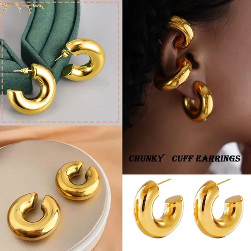 Vista 4 de PINCHUAN Juego de aretes gruesos de oro y aros chapados en oro de 18 quilates, hipoalergénicos, para mujer, sin perforaciones, aretes de oro gruesos