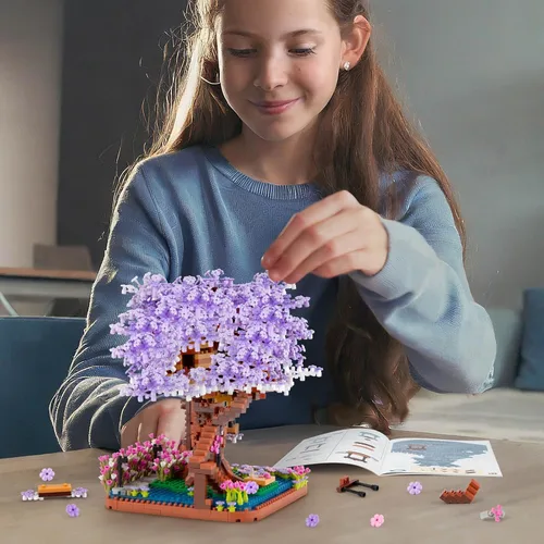 Vista 5 de HIGH GODO - Set de construcción micro de árbol bonsái de flor de cerezo, modelos de casa de árbol sakura japonés, kit de construcción