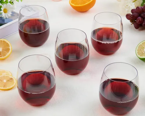 Vista 7 de FOCUSLINE Paquete de 32 copas de vino de plástico sin tallo, vasos de vino desechables transparentes de 12 onzas, copas de vino de plástico
