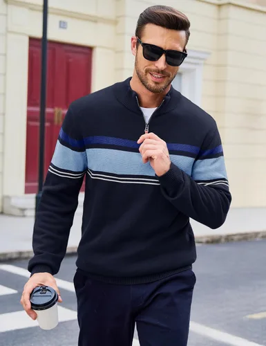 Vista 8 de MAGCOMSEN Suéteres de algodón con cremallera de 1/4 para hombre, suéter tipo polo, a rayas, para otoño e invierno, sudaderas cálidas