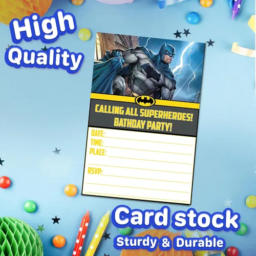 Vista 3 de Juego de 20 tarjetas y sobres de invitación de cumpleaños con temática de héroe de caballero de las sombras, livianos (7.41 onzas), estilo postal