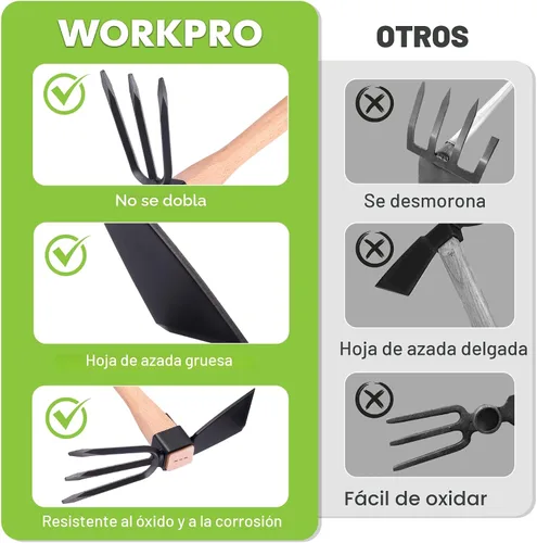 Vista 5 de WORKPRO Azada y Cultivador Rastrillo de Jardín con Mango de Madera de 14", Hoja de Azada Afilada y Cultivador Resistente de 3 Garras, Herramientas