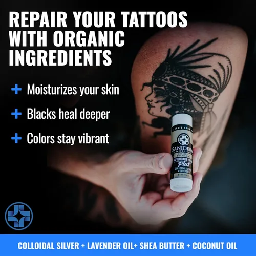 Vista 2 de Saniderm Tattoo Aftercare Balm PLUS+ – Pequeño (0.6 oz) – Sin petróleo, hidratante orgánico para tatuajes infundido con plata coloidal, aceite