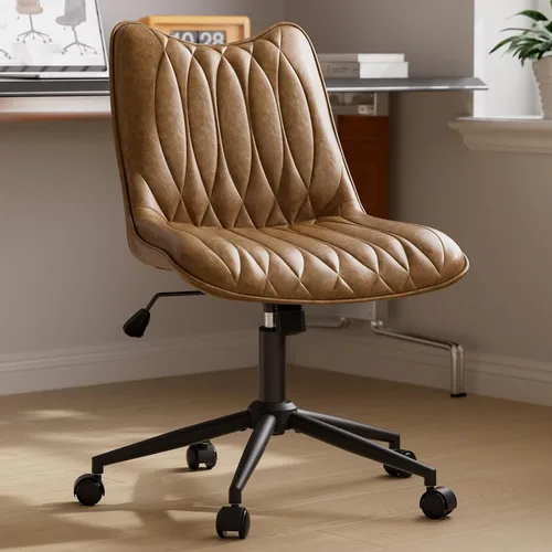 Vista 11 de Silla de oficina sin brazos, silla de escritorio sin brazos, silla giratoria ajustable con ruedas, tapizada de piel sintética, compacta