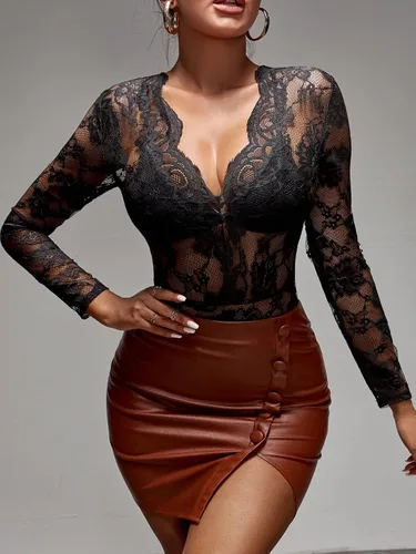Vista 3 de Romwe Body de manga larga transparente con encaje floral para mujer