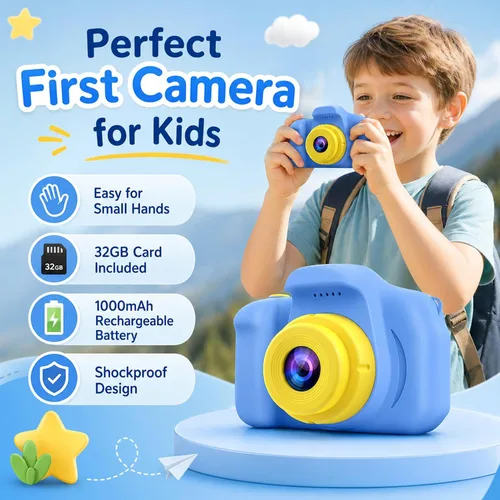 Vista 2 de Desuccus Cámara para niños, juguetes de Navidad y cumpleaños para niños y niñas, juguetes para niños de 3, 4, 5, 6, 7, 8, 9 años, cámara de video