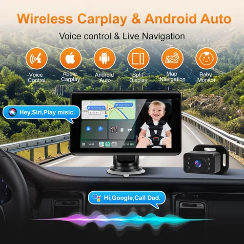 Vista 2 de Cámara de coche para bebé con pantalla inalámbrica CarPlay de 7 pulgadas, compatible con Apple CarPlay y Android Auto, cámara de coche de visión