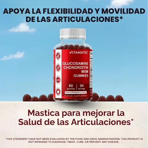 Vista 6 de Condroitina de glucosamina vitamática con MSM y vitamina E - 60 gomitas Sabor natural de frambuesa, fórmula de apoyo articular*, a base