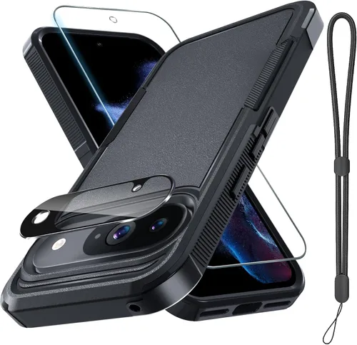 Vista 13 de Janmitta Funda para Google Pixel 9 Pro XL con protector de pantalla + protector de lente de cámara + correa de muñeca, resistente a prueba de NEGRO