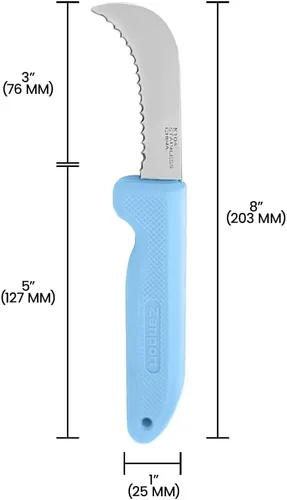 Vista 5 de Zenport K104-B Cuchillo utilitario de cosecha, hoja dentada, hoja de acero inoxidable de 3 pulgadas, azul
