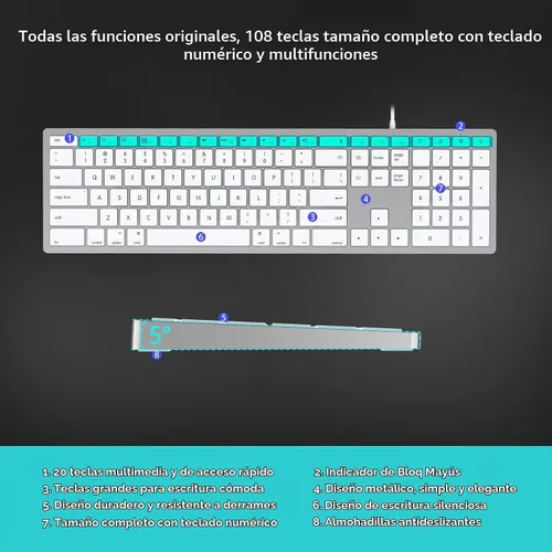 Vista 3 de Teclado con cable para Mac, teclado compatible con Apple, tamaño completo, 20 teclas de acceso directo multimedia, USB A/USB C, para Apple Mac