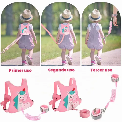 Vista 5 de Correa para niños pequeños, arnés de seguridad para caminar y muñeca antipérdida para niñas/niños de viaje (rosa)