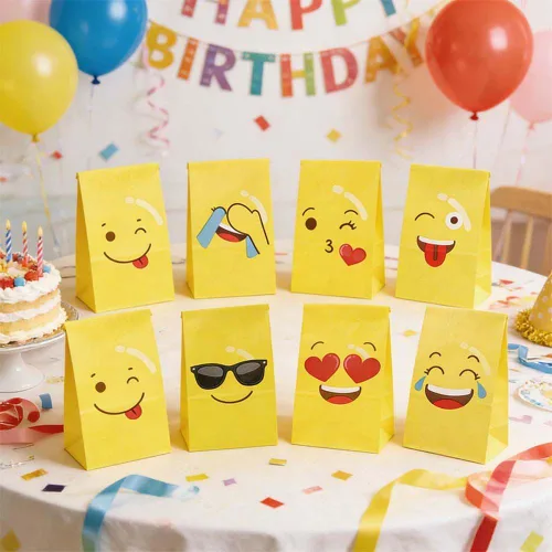 Vista 5 de VstarOne 24 bolsas de dulces – Emoticons bolsas de fiesta con calcomanías, 24 calcomanías, bolsa de papel kraft para bodas, nacimientos
