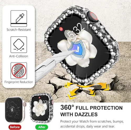 Vista 4 de Wingle 2 en 1 Funda impermeable para Apple Watch 40mm Protector de pantalla SE 3/2/1 Series 6 5 4, Bling Lace Edge Diamond Cara Cubierta Completa