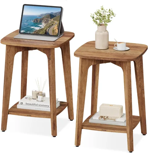 Vista 10 de VASAGLE Mesa auxiliar redonda, mesa de centro de 2 niveles estilo boho con estante de almacenamiento de aspecto ratán, mesita de noche para espacios