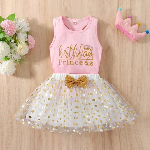 Vista 2 de Toddler Kids Baby Girls Birthday Princess Outfits Dress Vest Sleeveless Shirt Polka Dots Tulle Tutu Skirt 2Pcs