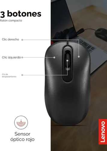 Vista 5 de Lenovo 100 Ratón con cable USB para PC, portátil, ordenador con Windows - Tamaño completo - Diseño ambidiestro - 3 botones - Sensor óptico rojo