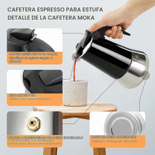 Vista 4 de 2 tazas de 3.4 fl oz Moka Pot de acero inoxidable, cafetera para estufa, cafetera italiana, estilo clásico, Greca Café, máquina de moca para Negro