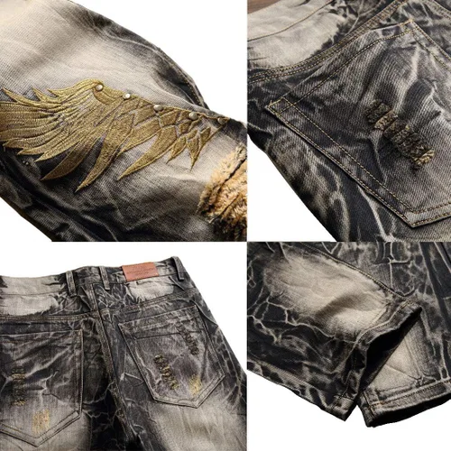 Vista 4 de utcoco Jeans clásicos de mezclilla para hombre, corte ajustado, cintura media, pierna recta, rasgados, desgastados, con parches de mezclilla clásicos