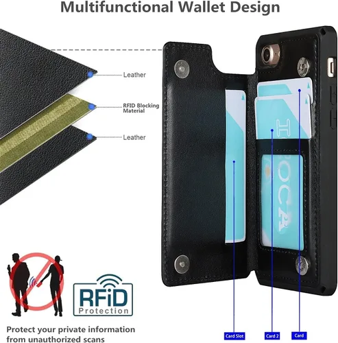 Vista 3 de iCoverCase Funda compatible con iPhone SE 2022/SE 2020/7/8 con soporte para tarjetas, funda tipo cartera para mujer, con bloqueo RFID en relieve