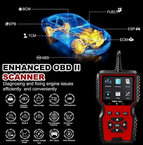 Vista 2 de V519 OBD2 Herramienta de diagnóstico escáner – Vechicle Check Motor Lector de código de luz con probador de voltaje de batería, preparación I/M, Rojo