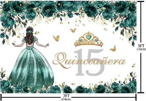 Vista 4 de MEHOFOND Telón de fondo de quinceañera Sweet 15 Girl Miss Quince Banner de rosas verdes y doradas, corona de niña en vestido de princesa, fiesta