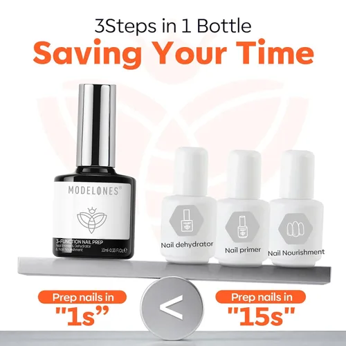 Vista 3 de modelones Gel Base Top Coat Set 3 Pcs with 3-in-One Nail Dehydrator & Primer Nourishing Acid Free Dehydrator Nail Prep Kit for Gel Nail Polish