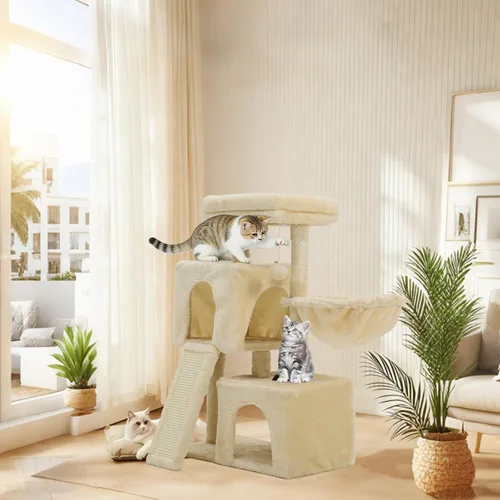 Vista 6 de Árbol para gatos de 35.8 pulgadas con cama doble para gatos y hamaca, rascador de felpa con plataforma cómoda para dormir y pelota de juguete