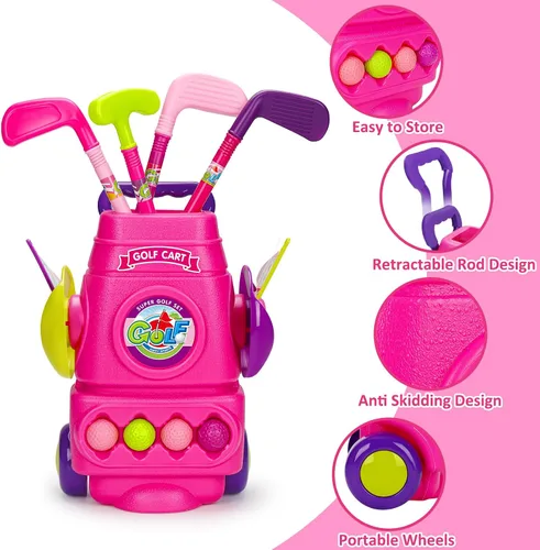 Vista 2 de AugToy Juego de golf para niños pequeños, palos de golf mejorados con 4 pelotas, 2 agujeros de práctica y 1 tapete de putt, juguetes deportivos