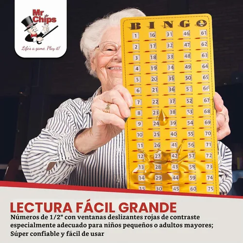 Vista 6 de MR CHIPS Tarjeta de bingo principal con punta de dedo a prueba de atascos con ventanas deslizantes Tarjetas de llamadas de cartón grandes