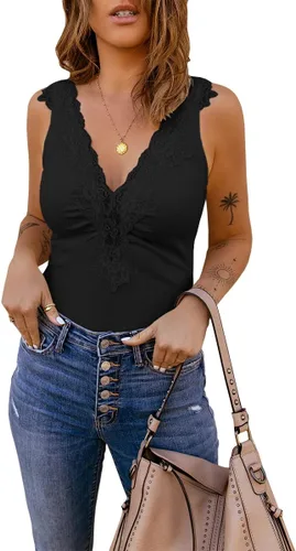 Vista 2 de Bigeoosh Chalecos de punto con cuello en V profundo y encaje para mujer, camisetas sin mangas