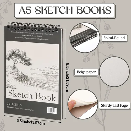 Vista 2 de Jexine 10 cuadernos de bocetos encuadernados en espiral superior de 5.5 x 8.5 pulgadas, 30 hojas cada una (68 libras/100 gsm), bloc de dibujo