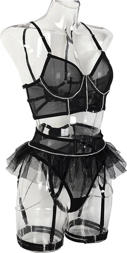 Vista 3 de Lidogirl Conjunto de lencería de malla de lujo con cadena de diamantes de imitación mini falda de encaje con ligas